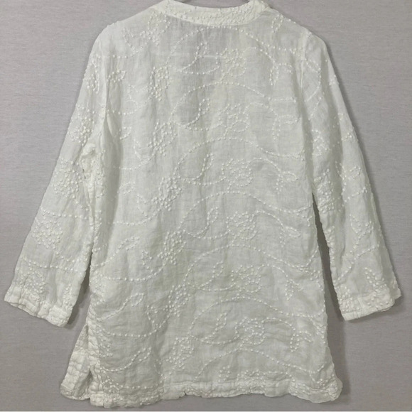 120% Lino White Y Neck Linen Side Slit Embroidered Dot Blouse size US 10 - Picture 8 of 12